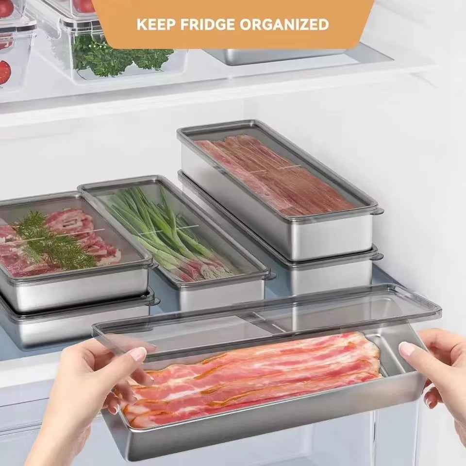 Stainless Steel Refrigerator Meat Storage Box Food Storage Containers with Lid Refrigerator Organizer Container Kitchen Storage