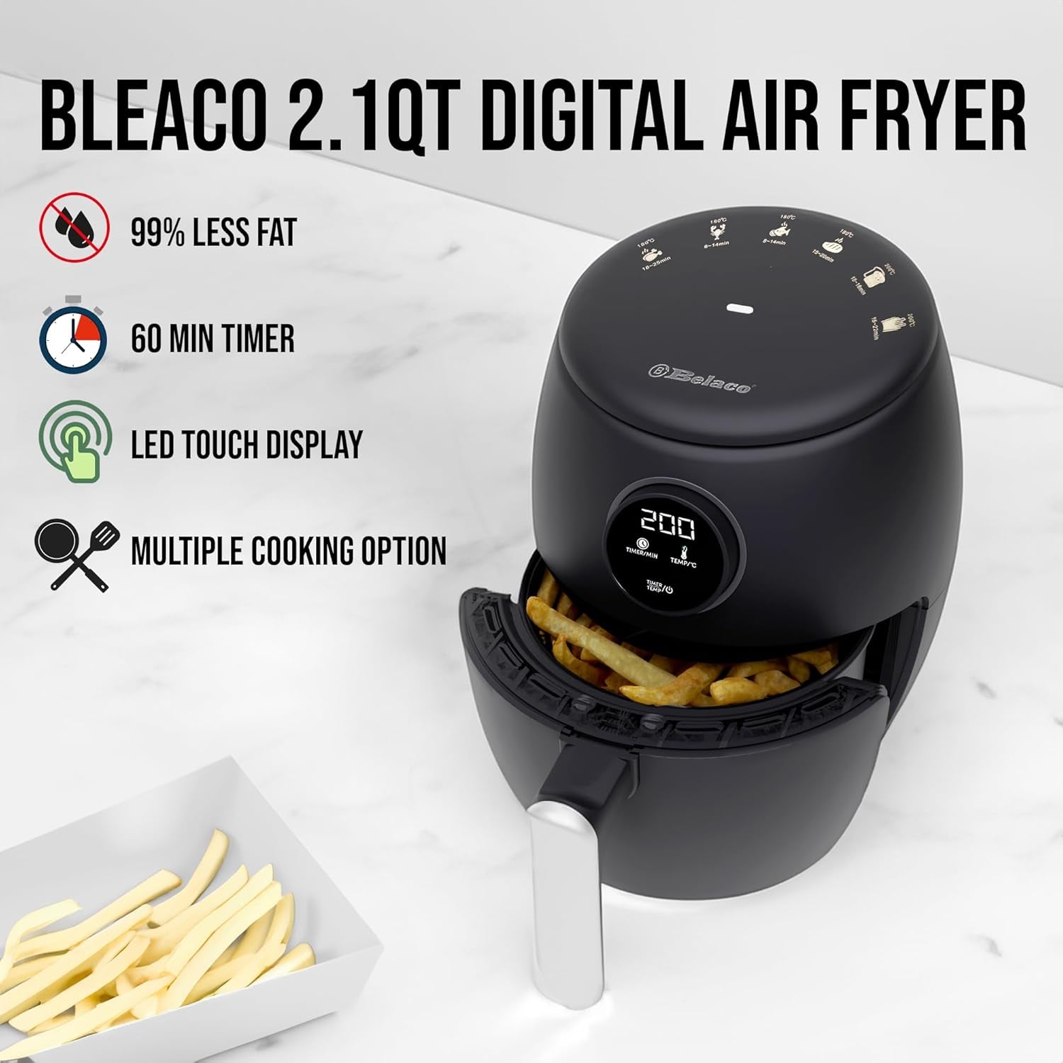 Air Fryer, 2L Digital Display, Rapid Air Circulation, Air Fryers, 60 Min Timer, Adjustable Temperature, Dishwasher Safe Basket BEL-AF-02