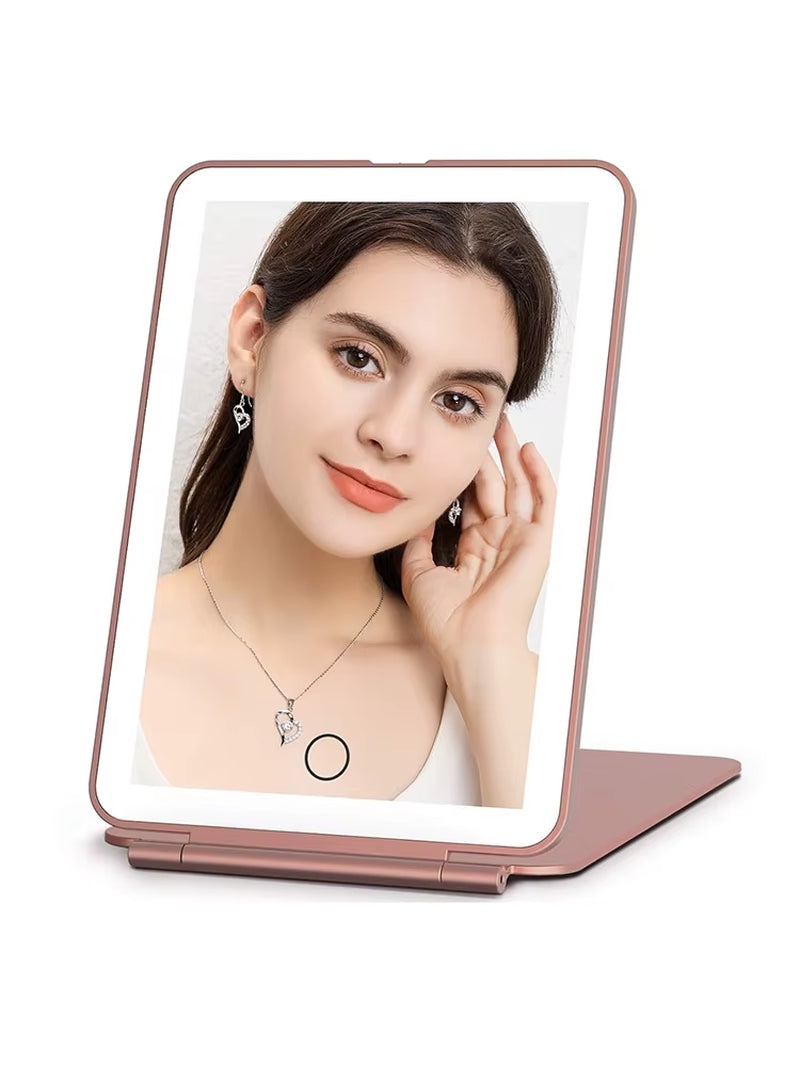 LED Foldable Travel Makeup Mirror 3 Colors Light Modes USB Rechargeable Touch Screen Portable Tabletop Cosmetic Mirror