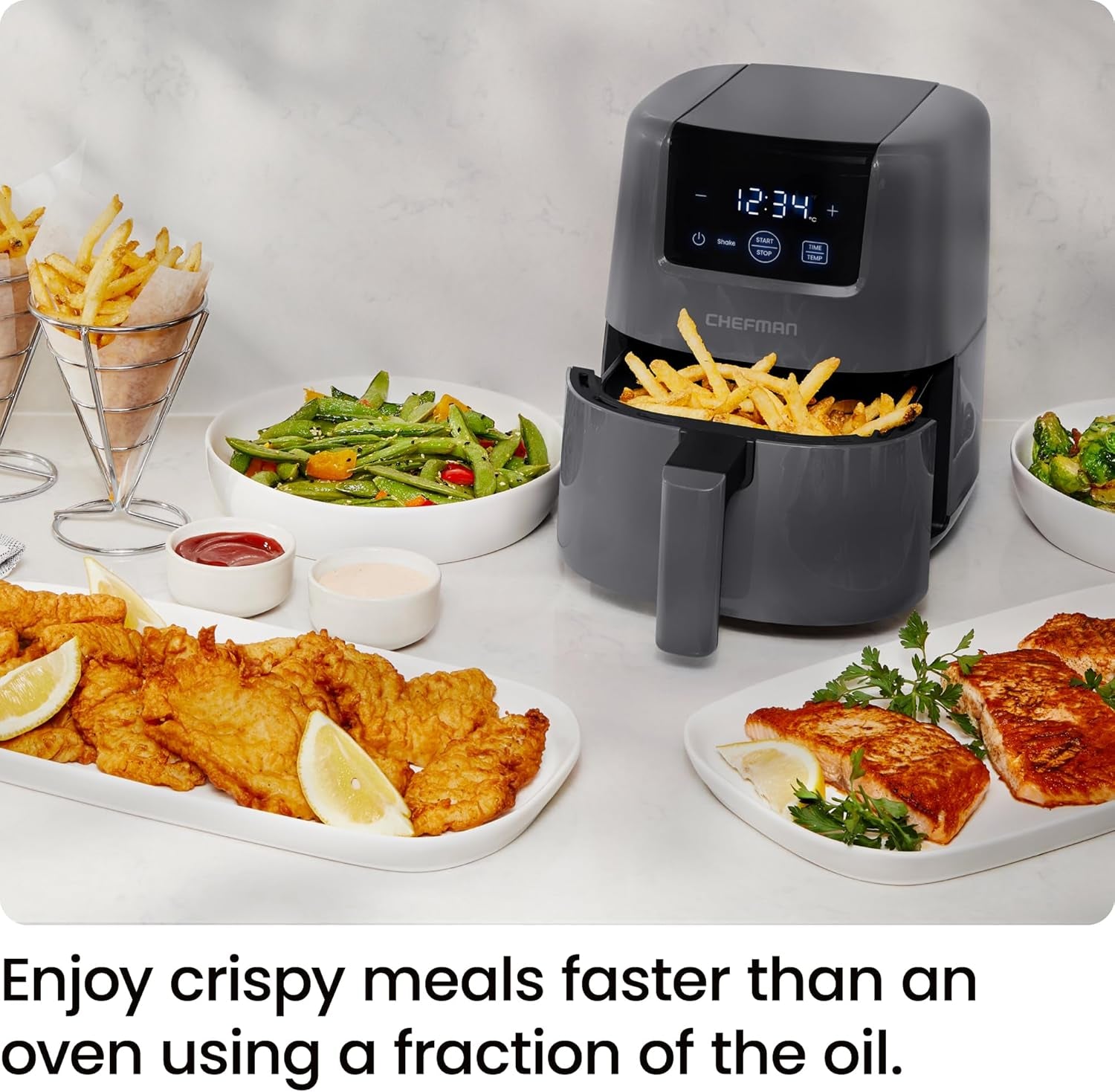 2L Mini Air Fryer – Digital Space-Saving Compact Air Fryer with Nonstick and Dishwasher Safe Basket, Quick & Easy Meals in Minutes, Features Digital Timer and Shake Reminder – Grey