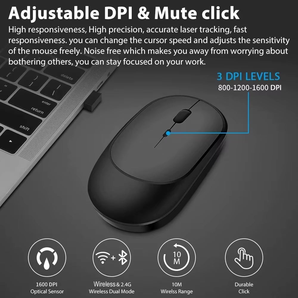 Wireless Rechargeable Gaming Mouse, Dual Modes (Bluetooth and 2.4G USB), Mute Function for Laptop, Tablet, and MacBook