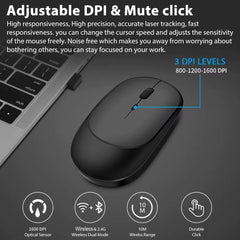 Wireless Rechargeable Gaming Mouse, Dual Modes (Bluetooth and 2.4G USB), Mute Function for Laptop, Tablet, and MacBook