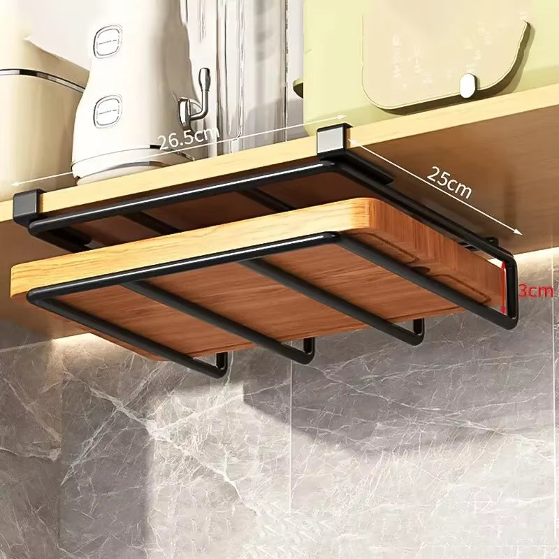 Kitchen Hanging Organizer Rack with Hooks under Cupboard Paper Towel Rags Hanger Cutting Board Pot Cover Holder Storage Shelf