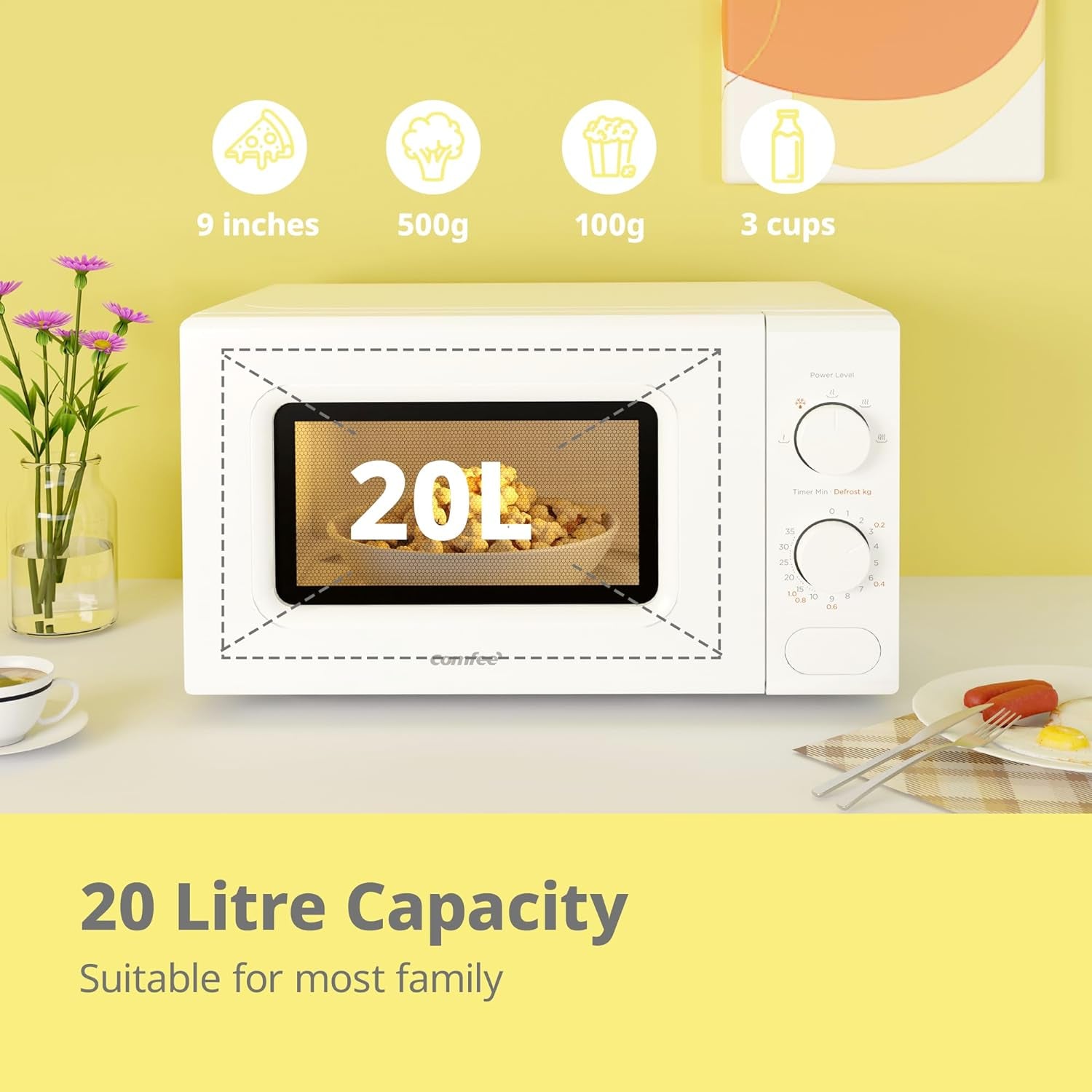 700W 20L White Microwave Oven with 5 Cooking Power Levels, Quick Defrost Function, and Kitchen Manual Timer - Compact Design CM-M202CC(WH)