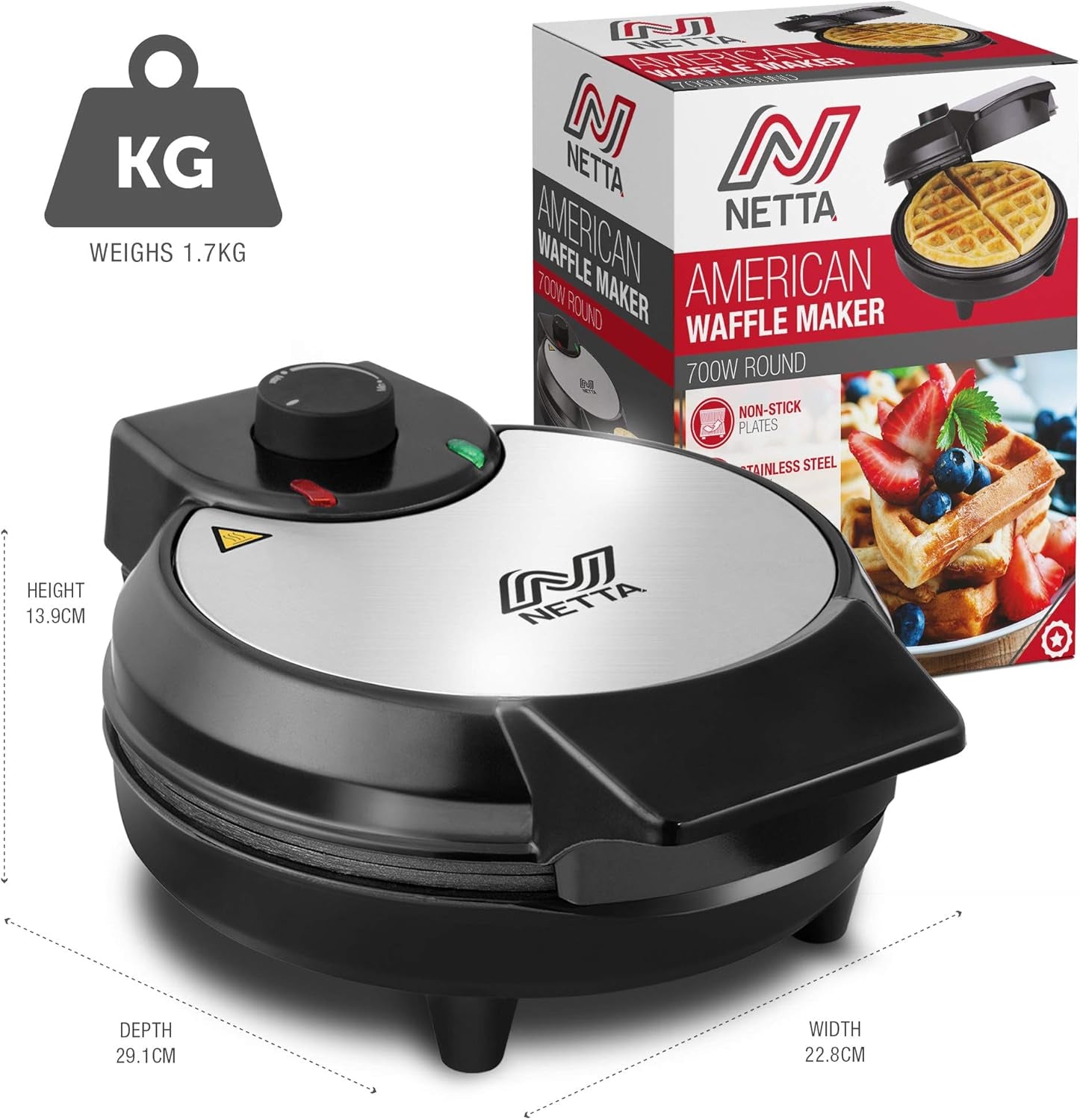 Waffle Maker Iron Machine - Deep Fill Non-Stick Coating Cooking Plates, Adjustable Temperature Control, Belgian American round Waffle Iron - 700W