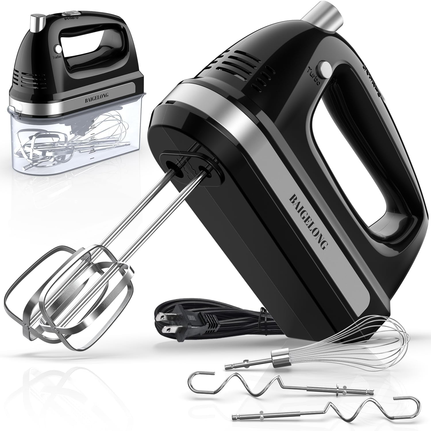 Hand Electric Mixer, 300W Ultra Power Food Kitchen Mixer with 5 Self-Control Speeds + Turbo Boost, 5 Stainless Steel Attachments Handheld Mixer for Baking, BLACK