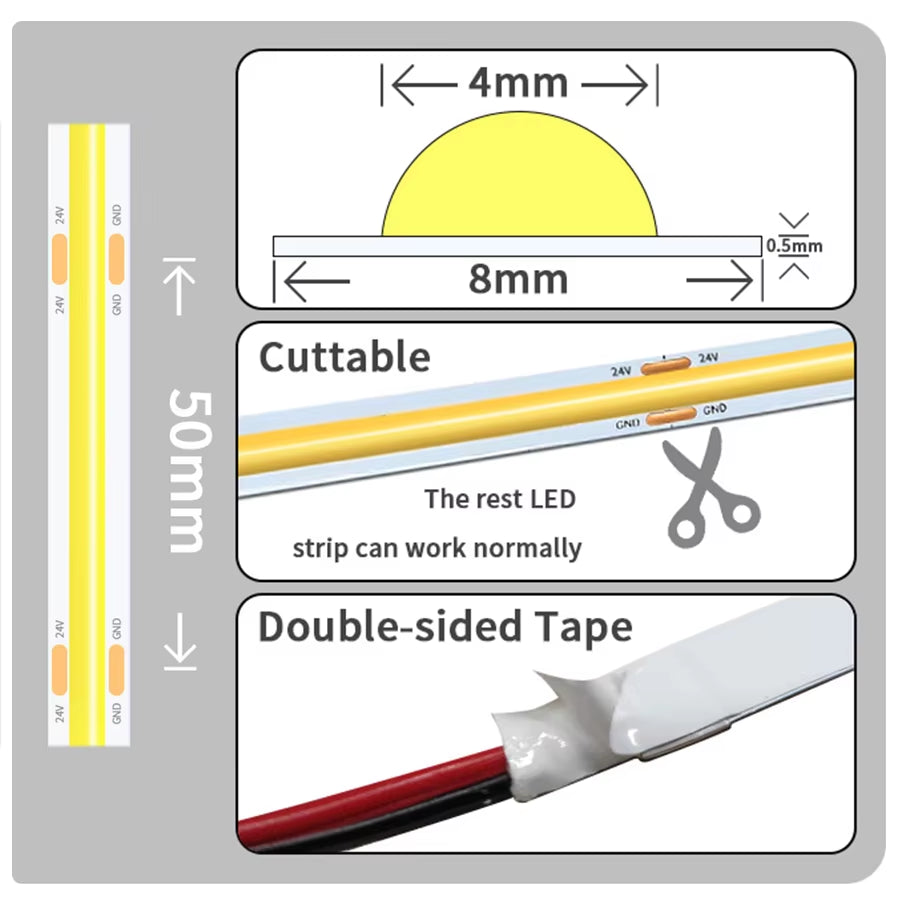 Linear Dimmable 24V 12V COB LED Strip Lights 8Mm 320Leds/M Flexible LED Tape Ribbon for Room Decor 3000K 4000K 6000K 1M 5M 10M