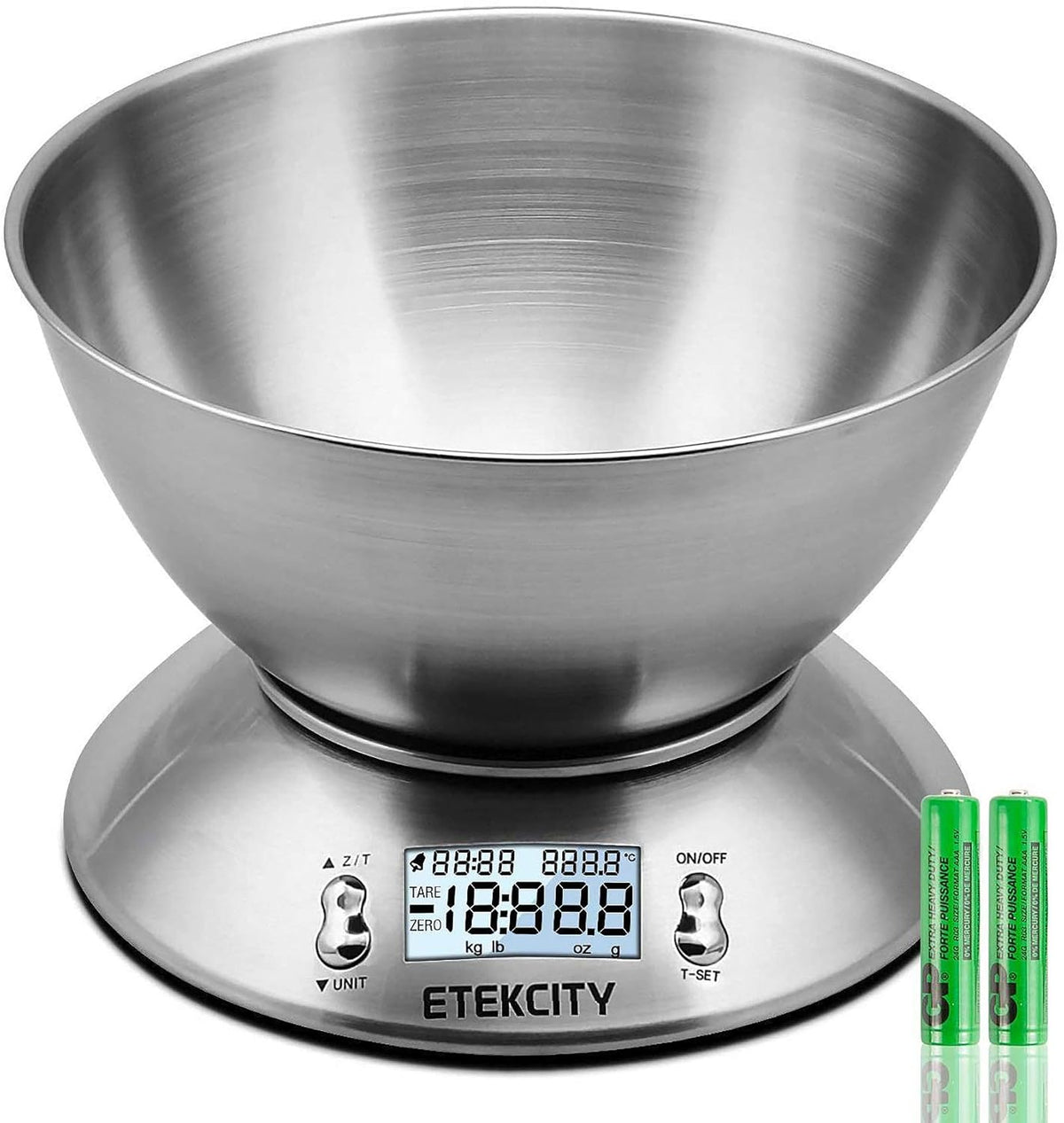 Electronic Kitchen Scales with Stainless Steel Mixing Bowl, Timer and Temperature Sensor, Digital Wet and Dry Food Weighing Scale for Cooking and Baking-11Lb/5Kg