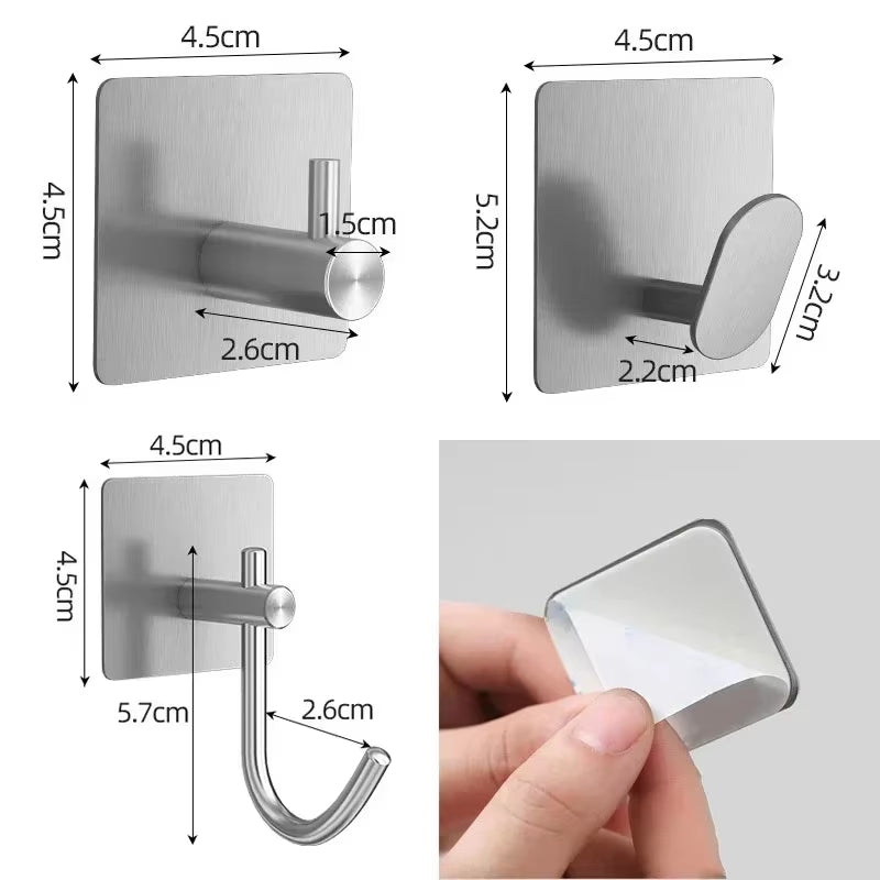 4Pcs Stainless Steel Bathroom Robe Hooks Adhesive Wall Hook Towel Holder Bathroom Kitchen Hardware Multi-Purpose Hanger Hook