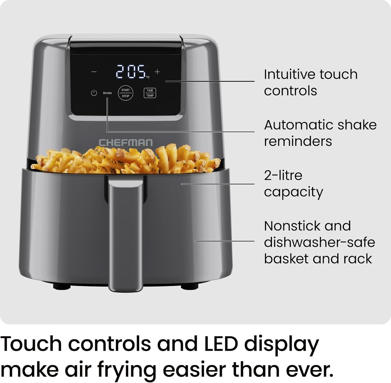 2L Mini Air Fryer – Digital Space-Saving Compact Air Fryer with Nonstick and Dishwasher Safe Basket, Quick & Easy Meals in Minutes, Features Digital Timer and Shake Reminder – Grey