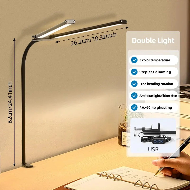 Double/Single Head LED Desk Lamp Dimmable PC Monitor Light USB Table Lamps Reading Lights Eye Protection 3 Color Mode for Office