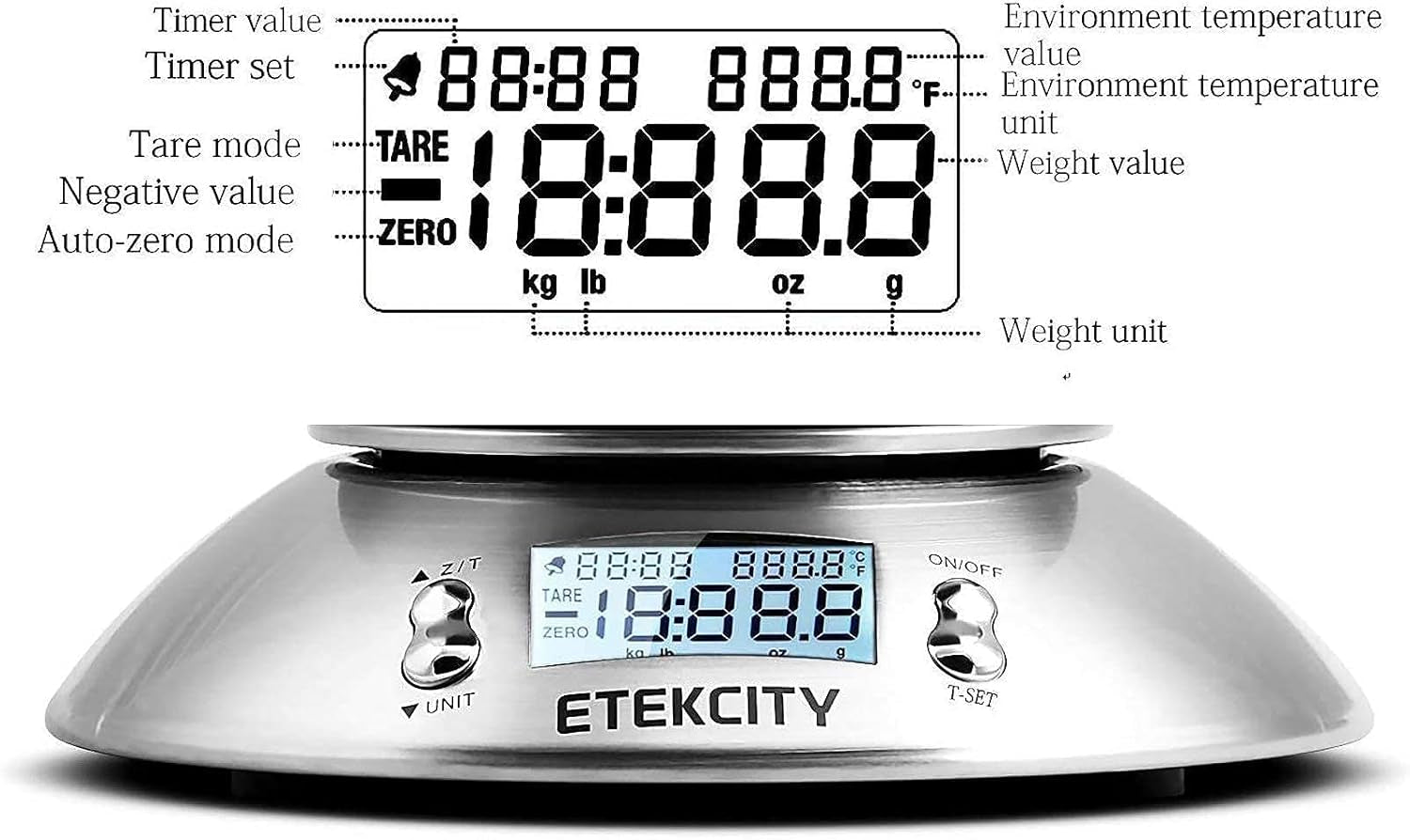 Electronic Kitchen Scales with Stainless Steel Mixing Bowl, Timer and Temperature Sensor, Digital Wet and Dry Food Weighing Scale for Cooking and Baking-11Lb/5Kg