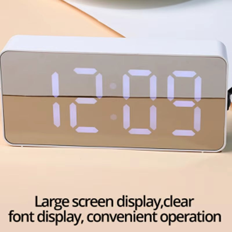 1Pc White LED Mirror Table Clock Snooze Display Time Night Light Desktop USB Alarm Clock Home Decor