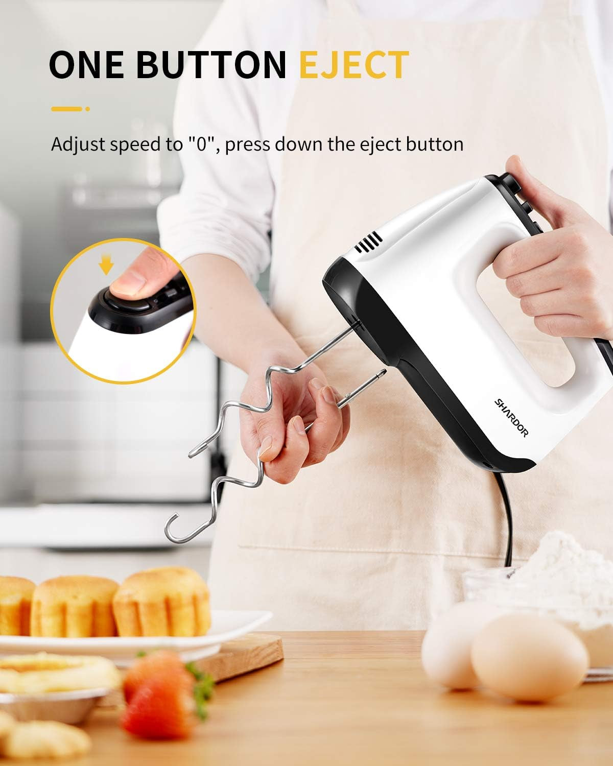 Hand Mixer Electric Whisk, Anti-Splash Hand Whisk, 6 Speeds with Turbo Button, Snap-On Storage Case, Easy Eject Button, 5 Stainless Steel Attachments, Electric Whisk for Kitchen Baking, 400W