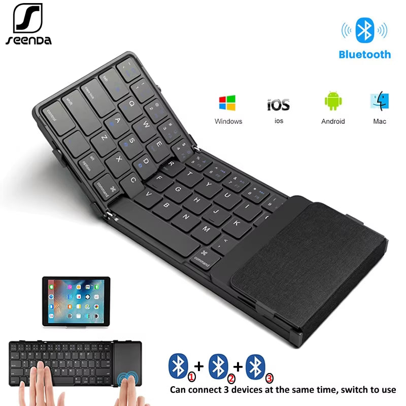 Seenda Tri-Folding Wireless Keyboard with Touchpad Rechargeable Mini Keyboard Foldable Keyboard for Windows Phone PC Table