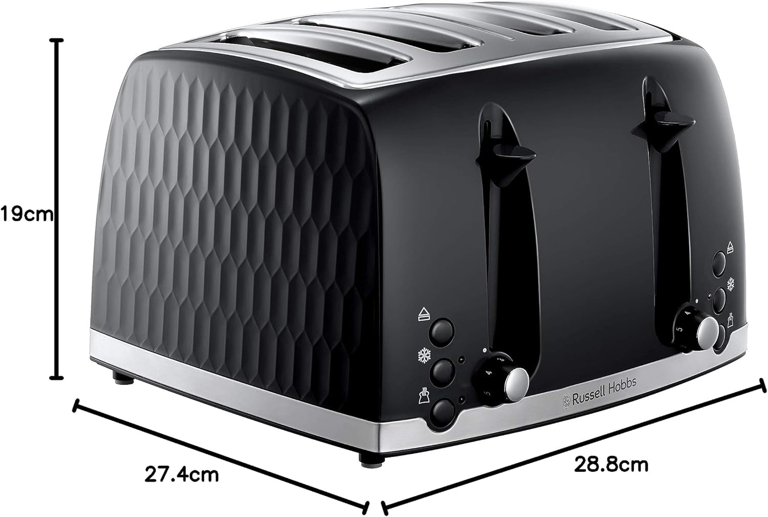 Honeycomb 4 Slice Toaster (Independent & Extra Wide Slots with High Lift, 6 Browning Levels, Frozen/Cancel/Reheat Function, Removable Crumb Tray, 1500W, Black Textured High Gloss) 26071