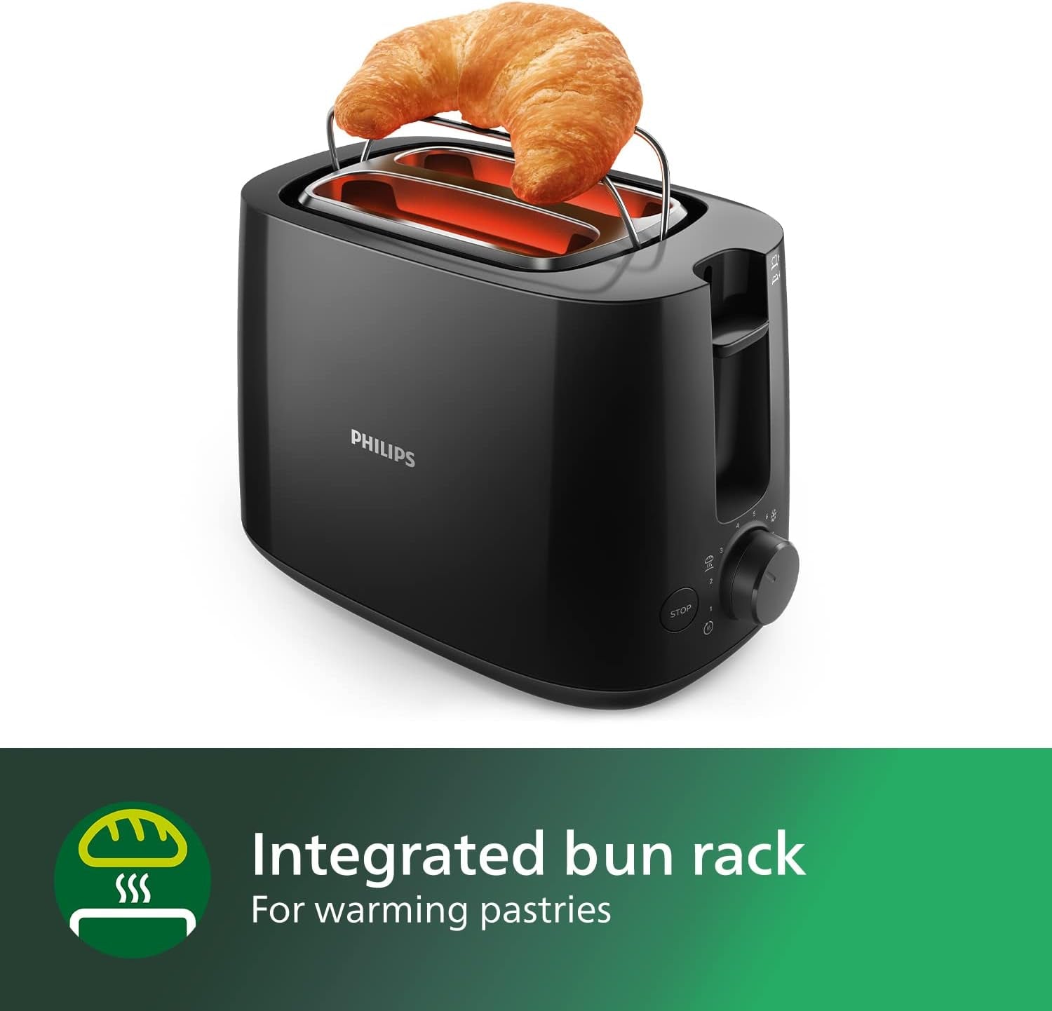 Philips Toaster - 2 Slots, 8 Settings, Bun Rack, Defrost, High Lift, Auto Shut-Off, Black (HD2581/91)