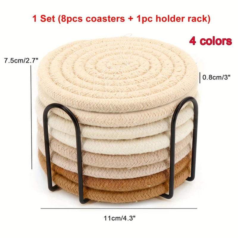 8Pcs Woven Coaster Set with Holder High-Temperature Resistant Cup Coasters Absorbent Coasters for Coffee Tea Drinks