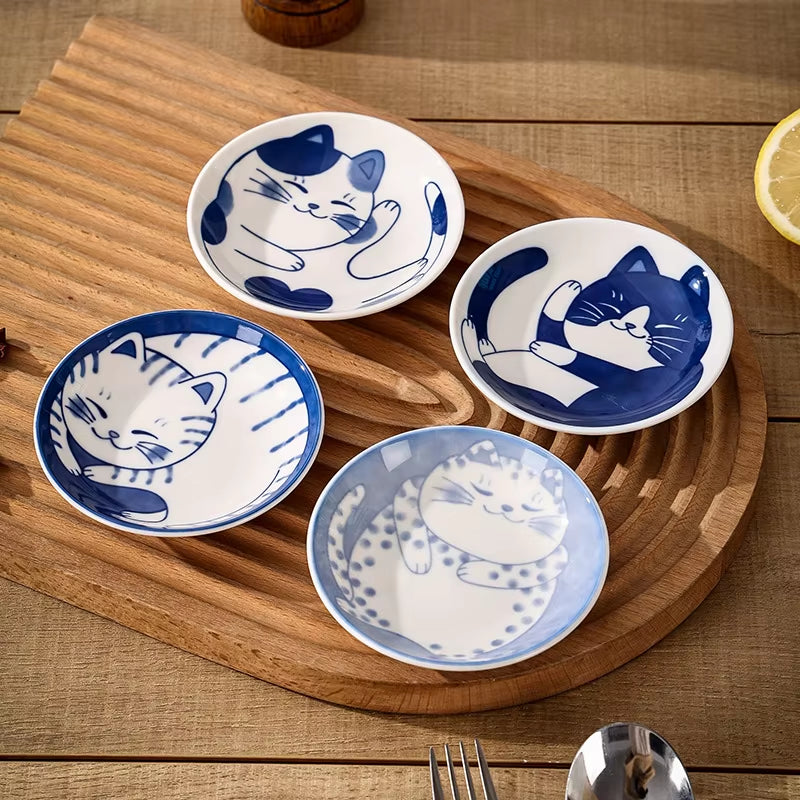 Japanese Style Ceramic Dessert Sauce Dish Tableware Creative Cute Cartoon Lucky Cat Pattern Water Drop Shape Fruit Sushi Plates