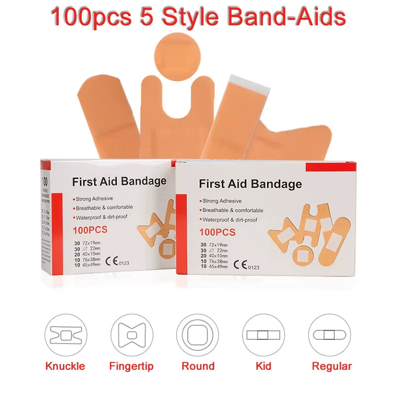 100Pcs/Pack Waterproof Band-Aids Bandages First Aid Medical Anti-Bacteria Wound Plaster Multi Size Home Travel Emergency Kits