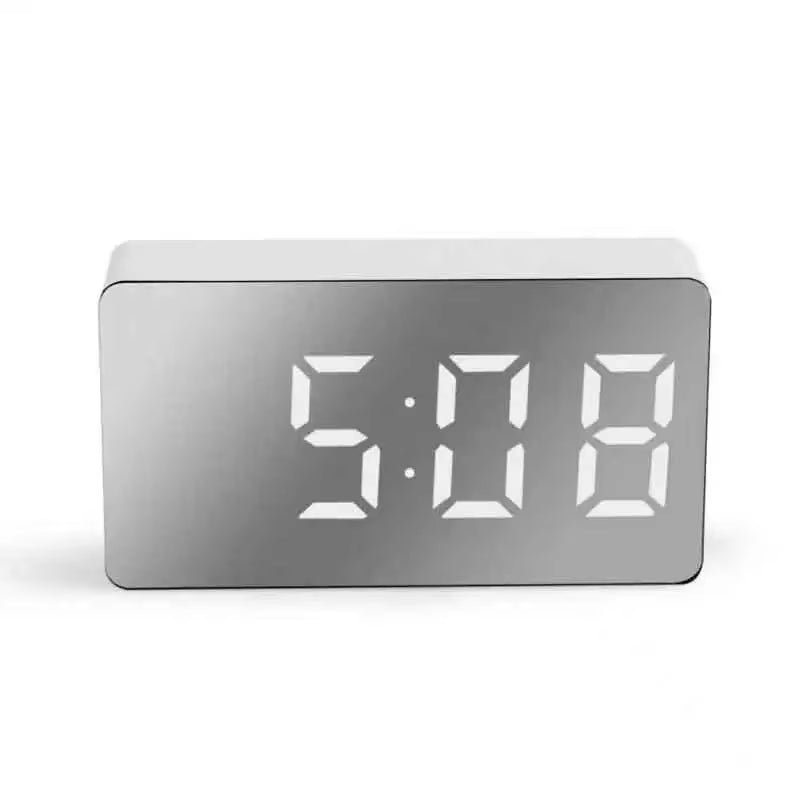 1Pc White LED Mirror Table Clock Snooze Display Time Night Light Desktop USB Alarm Clock Home Decor