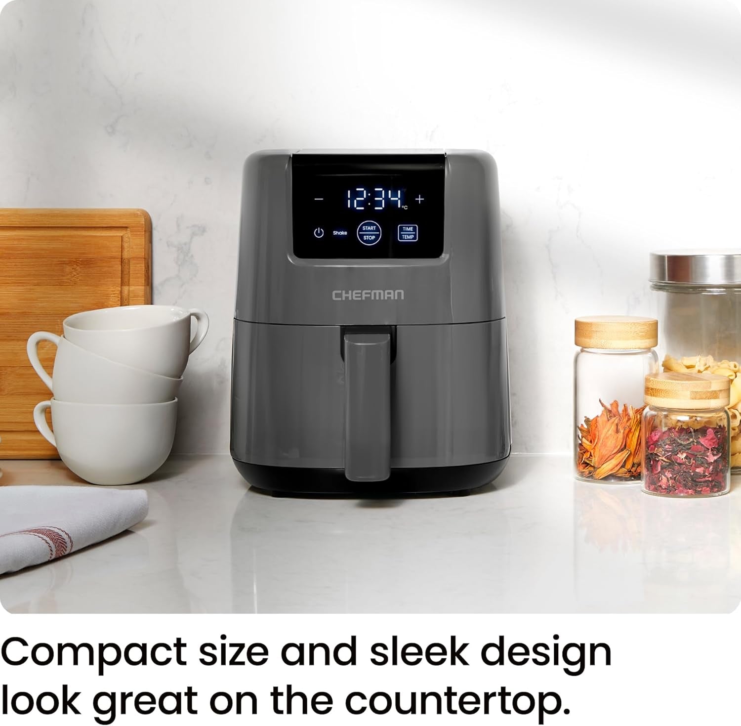 2L Mini Air Fryer – Digital Space-Saving Compact Air Fryer with Nonstick and Dishwasher Safe Basket, Quick & Easy Meals in Minutes, Features Digital Timer and Shake Reminder – Grey