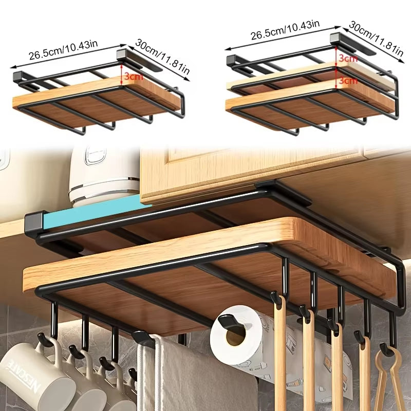 Kitchen Hanging Organizer Rack with Hooks under Cupboard Paper Towel Rags Hanger Cutting Board Pot Cover Holder Storage Shelf