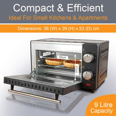 35409 Compact 9L Mini Oven/Temperature Controlled from 100-230° / 60 Minute Timer with Auto Shut off / 650W / Tempered Glass Door / 36.5 Cm X 28.5 Cm X 22.1 Cm, Black