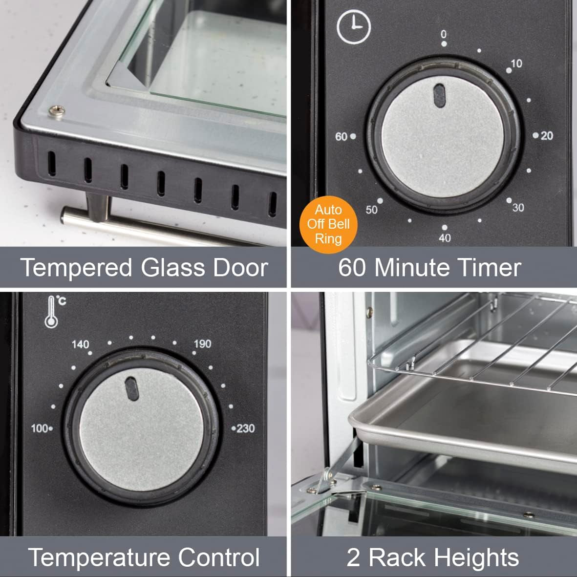 35409 Compact 9L Mini Oven/Temperature Controlled from 100-230° / 60 Minute Timer with Auto Shut off / 650W / Tempered Glass Door / 36.5 Cm X 28.5 Cm X 22.1 Cm, Black