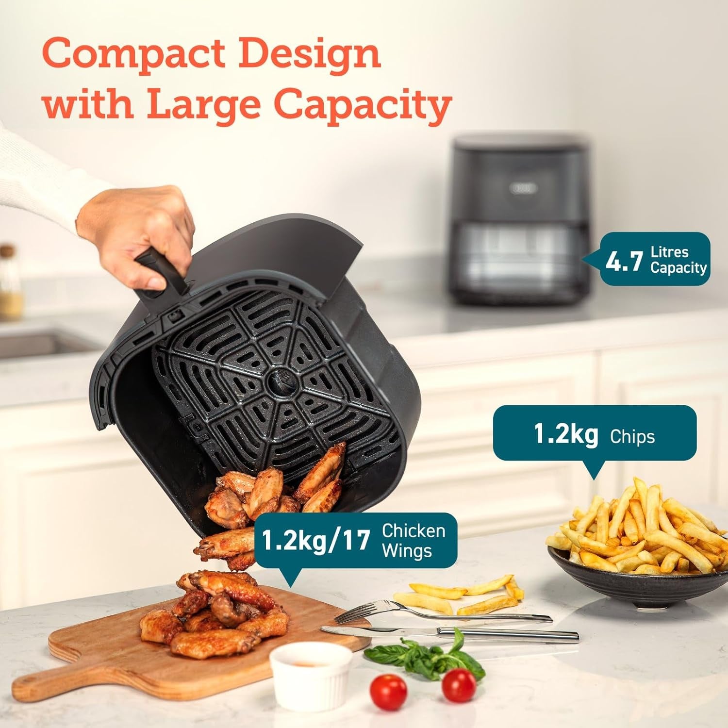 Air Fryer 4.7L, 9-In-1 Compact Air Fryers Oven, 130+ Recipes(Cookbook & Online), Max 230℃ Setting, Digital Tempered Glass Display, Quiet, 4 Portions, Non-Stick, Dishwasher Safe, 1500W