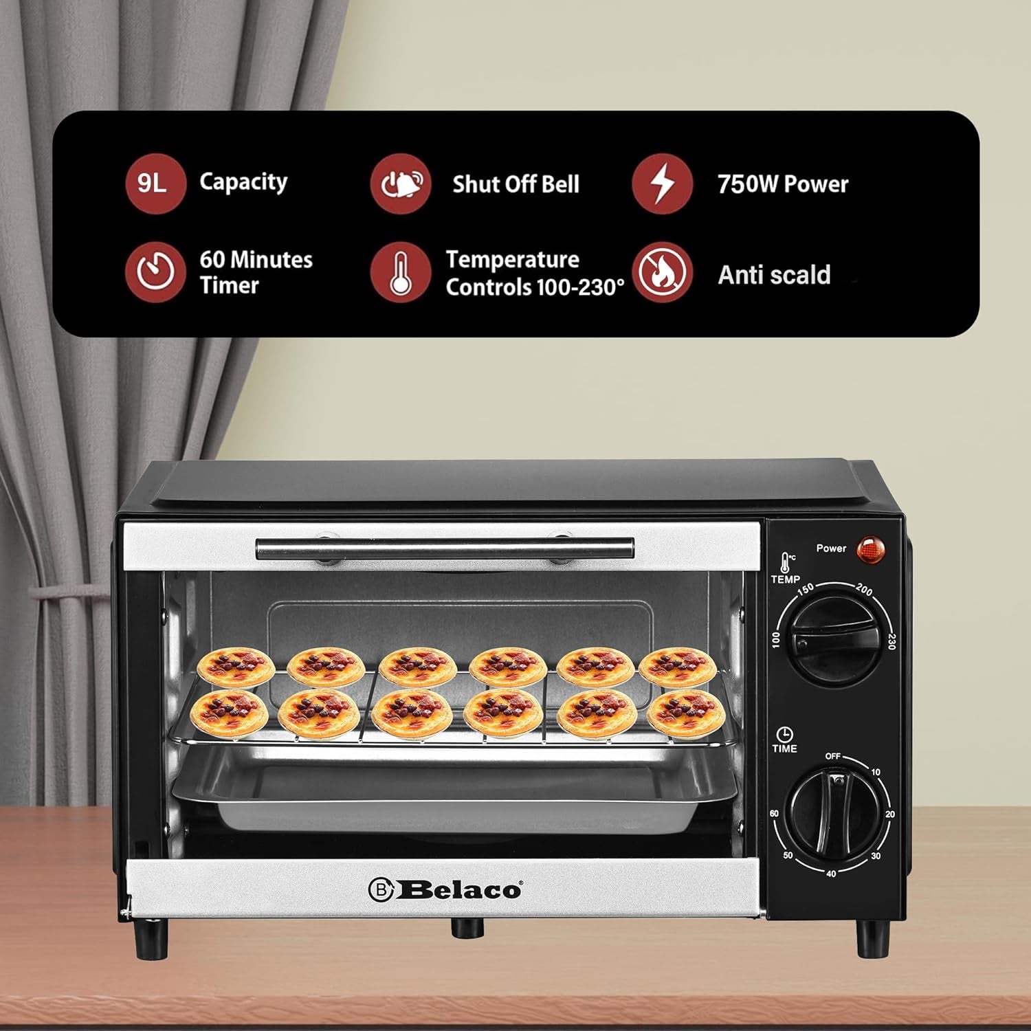 BTO-109N Mini 9L Toaster Oven Tabletop Cooking Baking Portable Oven 750W 60 Min Timer 100-230° Stainless Steel Heating Tube Incl. Baking Tray & Wire Rack