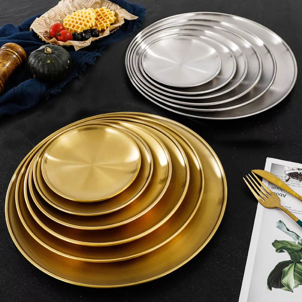 Stainless Steel Metal Dining Disc round Bone Spitting Dish High Quality Shallow Tray Gold Silver Fruit Meat Tableware