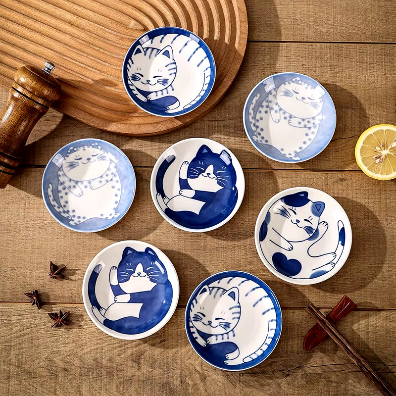 Japanese Style Ceramic Dessert Sauce Dish Tableware Creative Cute Cartoon Lucky Cat Pattern Water Drop Shape Fruit Sushi Plates