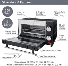 35409 Compact 9L Mini Oven/Temperature Controlled from 100-230° / 60 Minute Timer with Auto Shut off / 650W / Tempered Glass Door / 36.5 Cm X 28.5 Cm X 22.1 Cm, Black