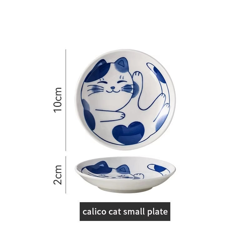 Japanese Style Ceramic Dessert Sauce Dish Tableware Creative Cute Cartoon Lucky Cat Pattern Water Drop Shape Fruit Sushi Plates