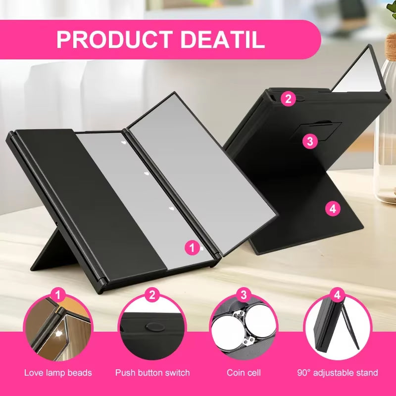 Portable LED Three Sided Makeup Mirror Folding Design Travel Vanity Cosmetic Mirror with Adjustable Stand for On-The-Go Beauty