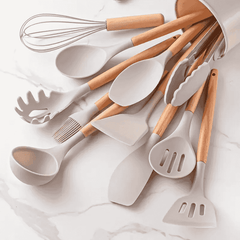 12Pc Silicone Cooking Utensils Set with Wooden Handles, Non-Stick and Heat Resistant