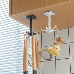 1Pc Black Kitchen Rotating Punch-Free Wall-Mounted Shelf 6 Rotating Hooks Pot Shovel Chopping Nail-Free Adhesive Hook Rack