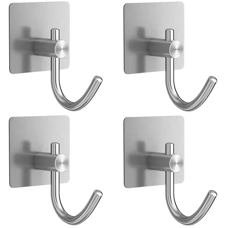 4Pcs Stainless Steel Bathroom Robe Hooks Adhesive Wall Hook Towel Holder Bathroom Kitchen Hardware Multi-Purpose Hanger Hook