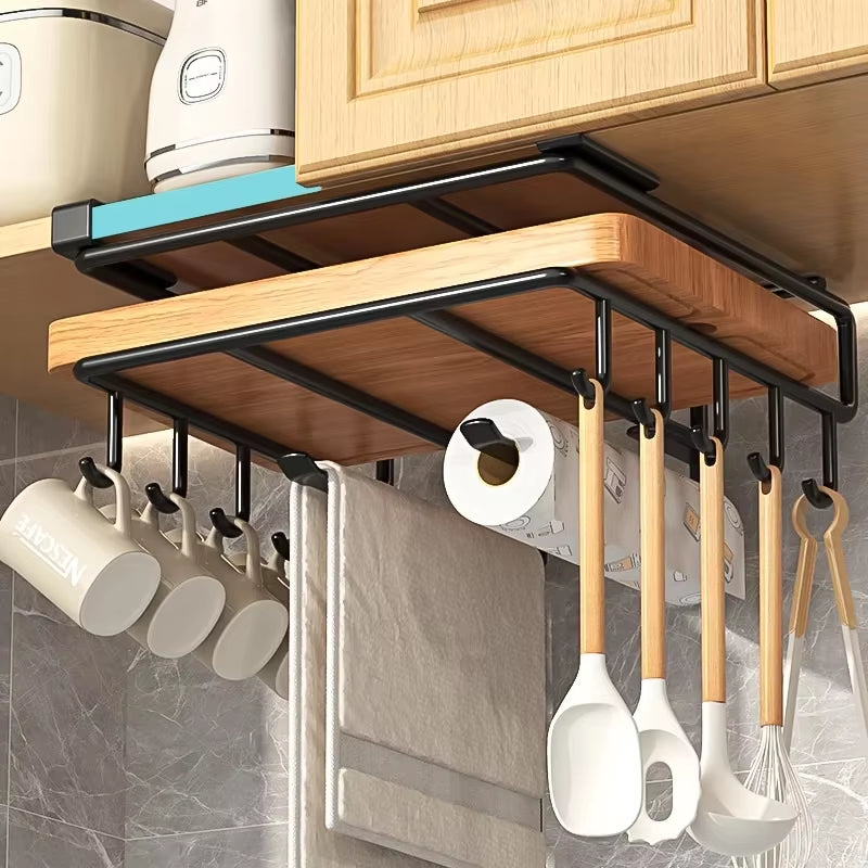 Kitchen Hanging Organizer Rack with Hooks under Cupboard Paper Towel Rags Hanger Cutting Board Pot Cover Holder Storage Shelf