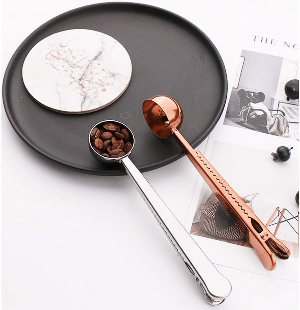 2PCS Coffee Scoop with Bag Clip, Stainless Steel Coffee Measuring Spoon Ground Coffee Sealer for Cafetiere Ground Coffee and Beans(Silver+Rose Gold）