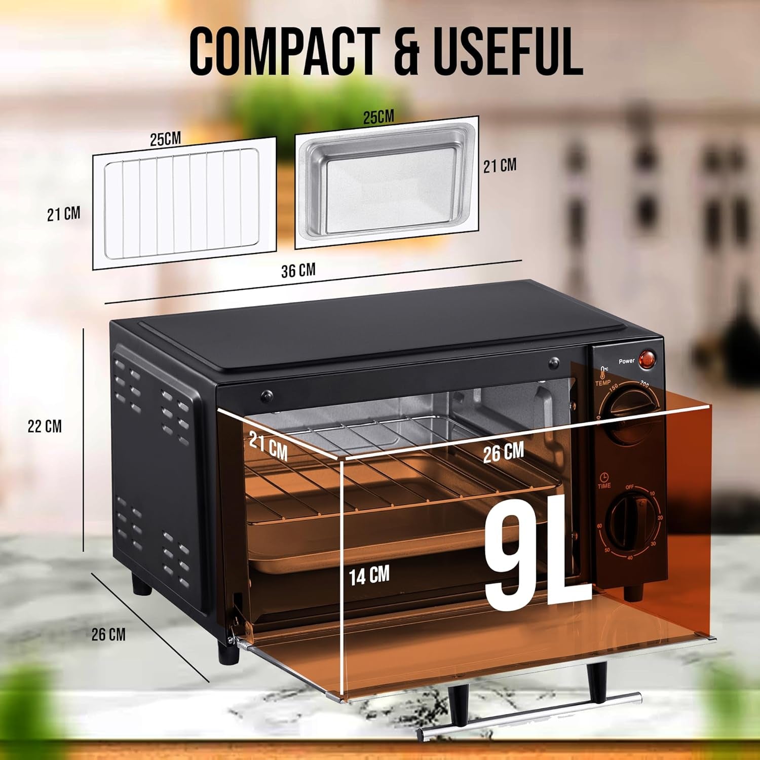 BTO-109N Mini 9L Toaster Oven Tabletop Cooking Baking Portable Oven 750W 60 Min Timer 100-230° Stainless Steel Heating Tube Incl. Baking Tray & Wire Rack