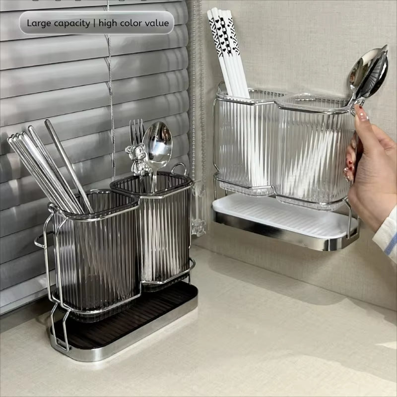 Wall Mounted Kitchen Cutlery Organizer Light Luxury Chopstick Spoon Holder Stainless Steel Utensil Drying Rack