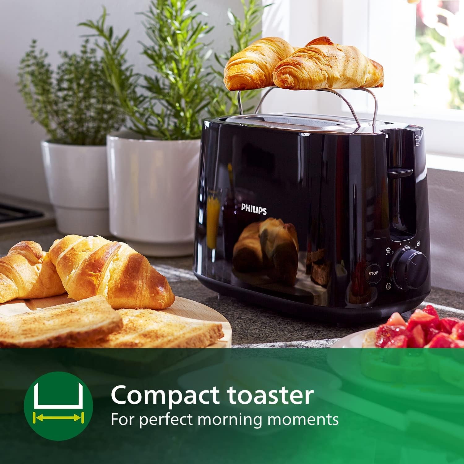 Philips Toaster - 2 Slots, 8 Settings, Bun Rack, Defrost, High Lift, Auto Shut-Off, Black (HD2581/91)