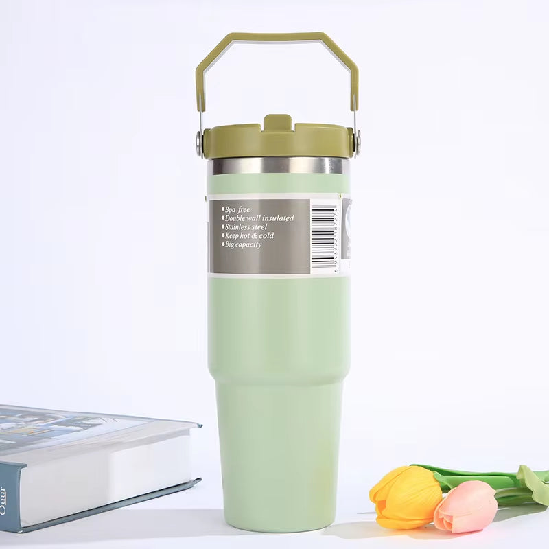 Portable Car Cup Stainless Steel Thermos Cup with Straw & Handle Double Walled Travel Sports Water Bottle Coffee Vacuum Flask