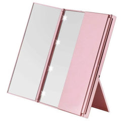 Portable LED Three Sided Makeup Mirror Folding Design Travel Vanity Cosmetic Mirror with Adjustable Stand for On-The-Go Beauty