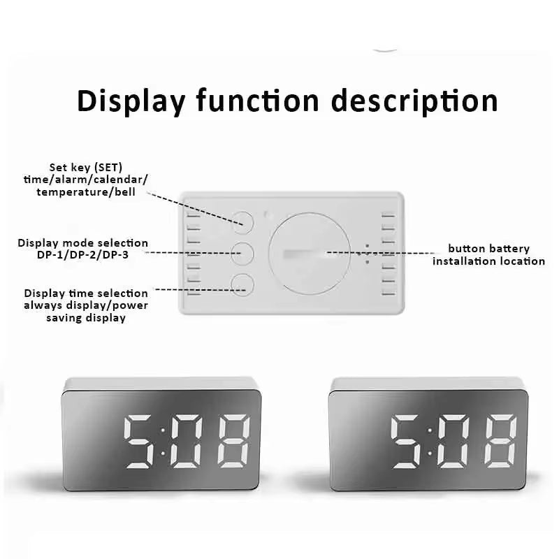 1Pc White LED Mirror Table Clock Snooze Display Time Night Light Desktop USB Alarm Clock Home Decor