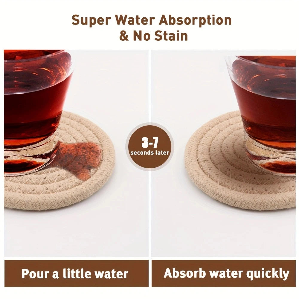 8Pcs Woven Coaster Set with Holder High-Temperature Resistant Cup Coasters Absorbent Coasters for Coffee Tea Drinks