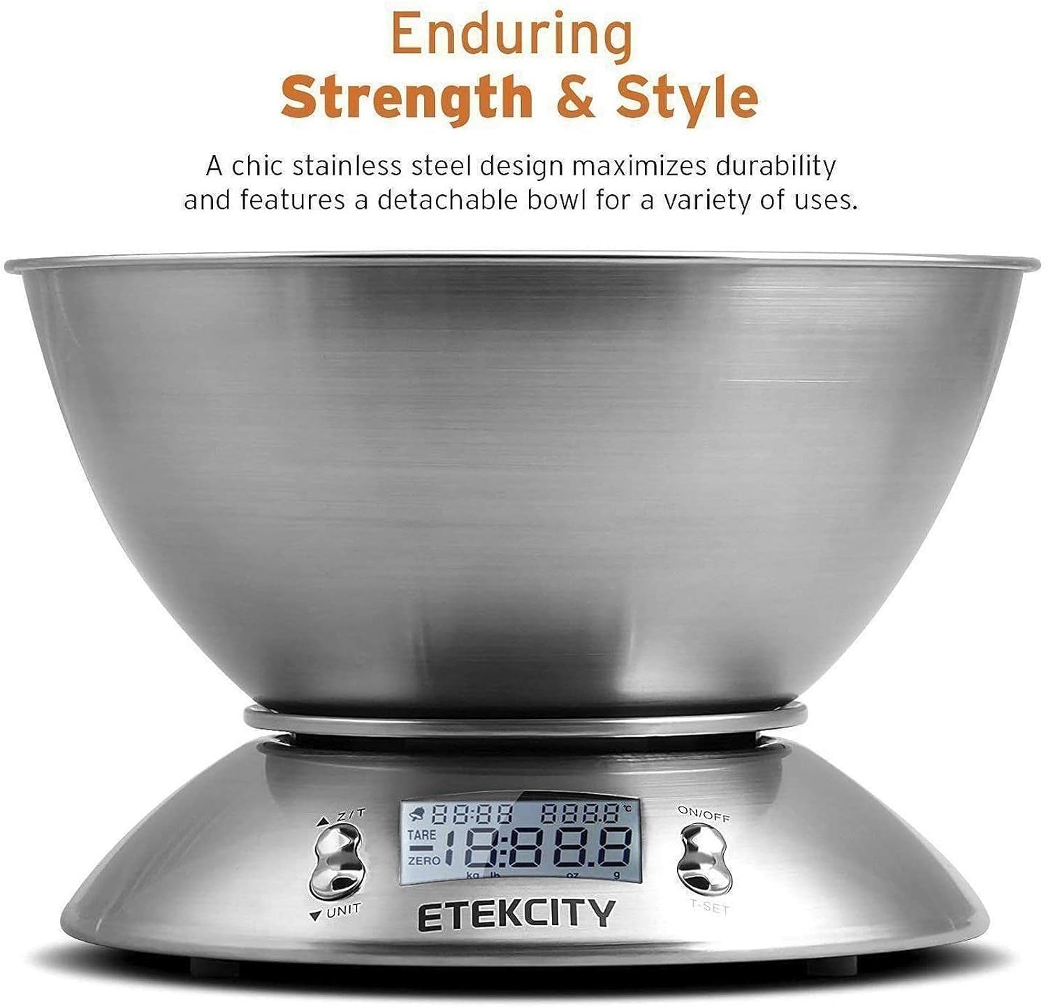 Electronic Kitchen Scales with Stainless Steel Mixing Bowl, Timer and Temperature Sensor, Digital Wet and Dry Food Weighing Scale for Cooking and Baking-11Lb/5Kg