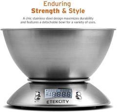 Electronic Kitchen Scales with Stainless Steel Mixing Bowl, Timer and Temperature Sensor, Digital Wet and Dry Food Weighing Scale for Cooking and Baking-11Lb/5Kg